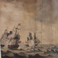 Painting, watercolour showing a battle scene at sea.